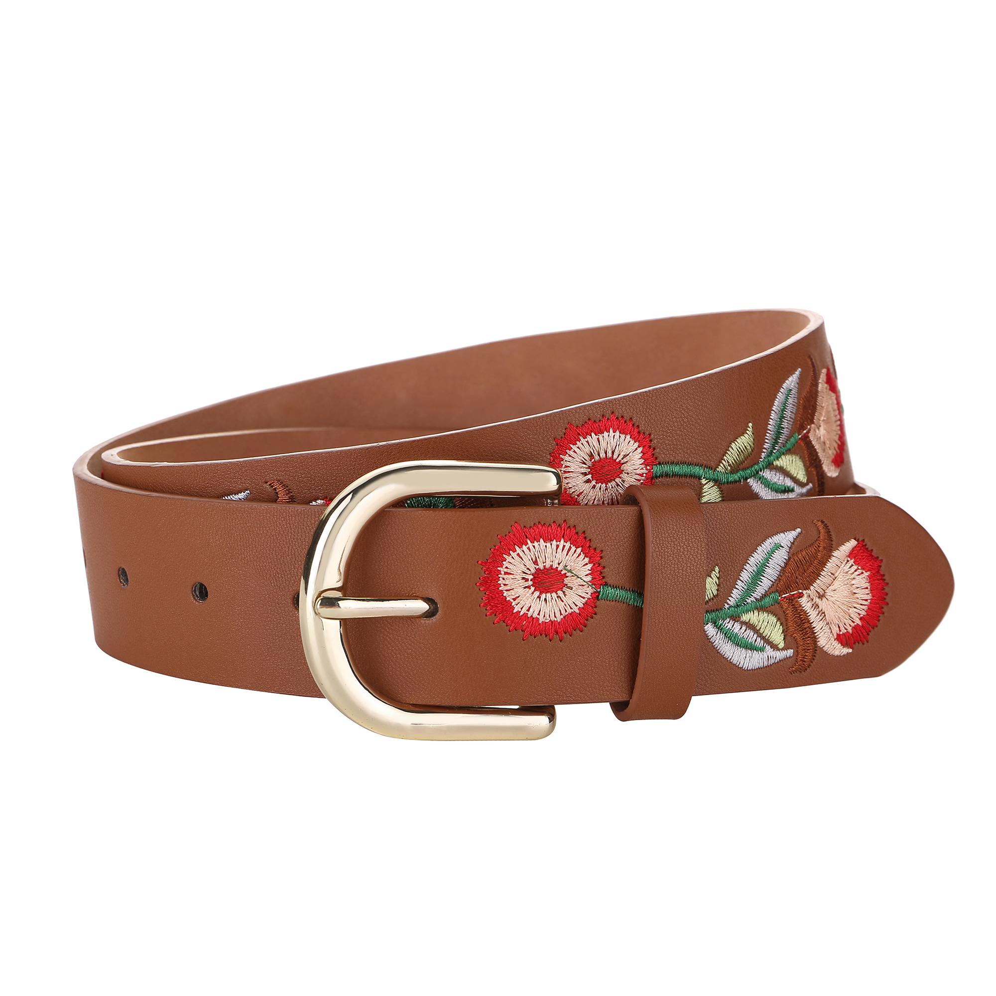 Womens Flower Embroidered PU Belt