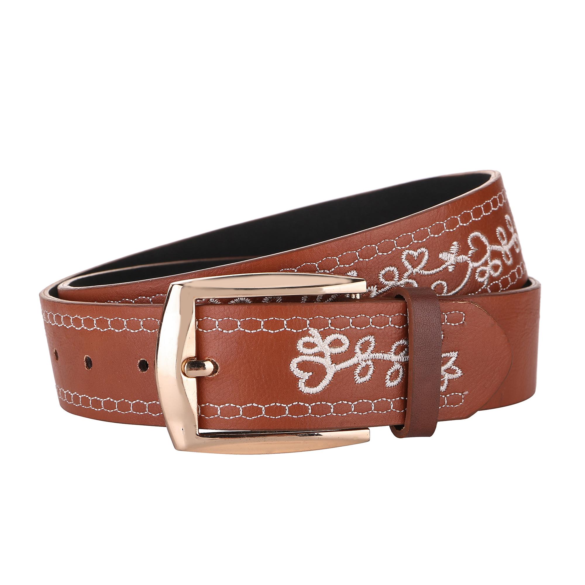 Womens Brown Strap Gold Buckle PU Embroidered Belt